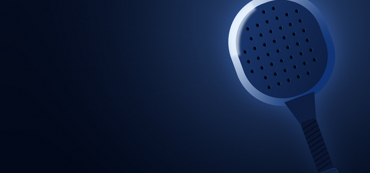 MVLS padel racket with perforated face on a dark navy court backdrop